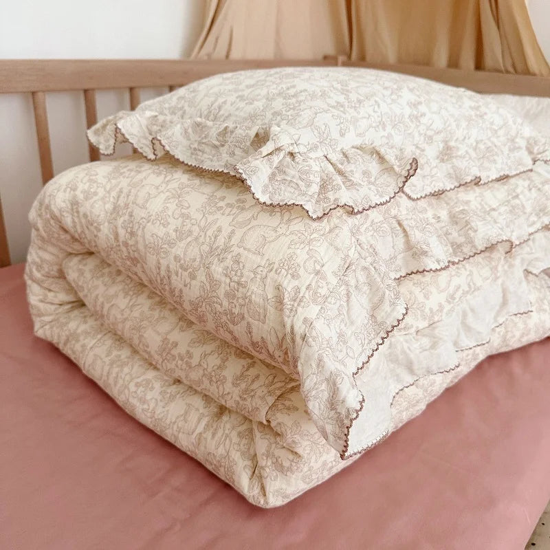 Cozy Princess Ruffle Edge Gauze 100% Cotton Pillow Case Breathable Duvet Cover Without Filler 3PCS Floral Home Bedding Set