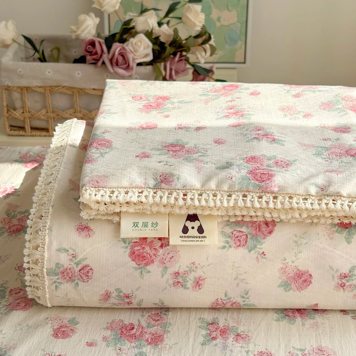 Spring & Summer  Floral Print Double Gauze Bed Sheet with Fringe Lace Trim