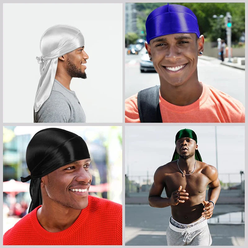 Combo 3PCS/LOT Men Silky Durag Long Tail Pirate Hat Headband Turban Dome Wave Cap Unisex Wig Cap Elastic Band Satin Bonnet