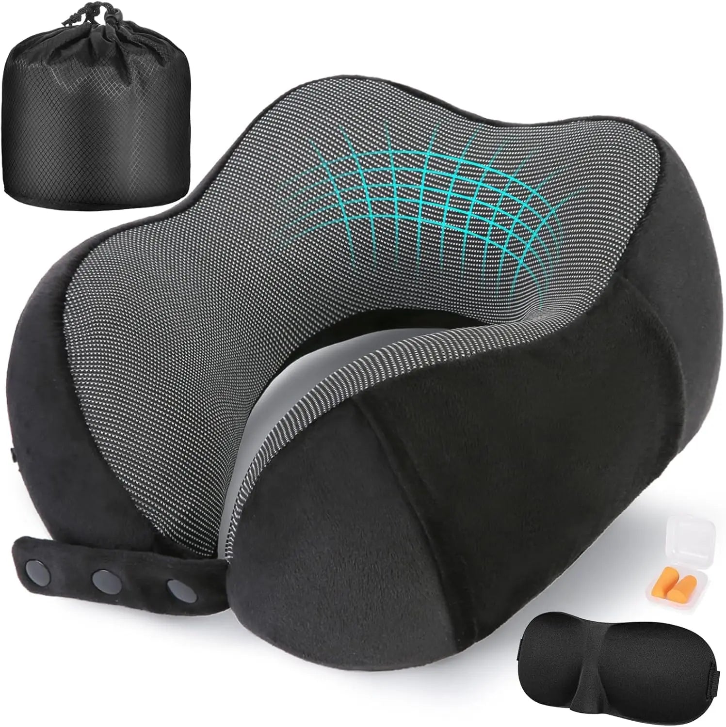 Super Comfortable Memory Foam Travel Neck Pillow with Adjustable Support, Eye Mask & Earplugs for Airplane