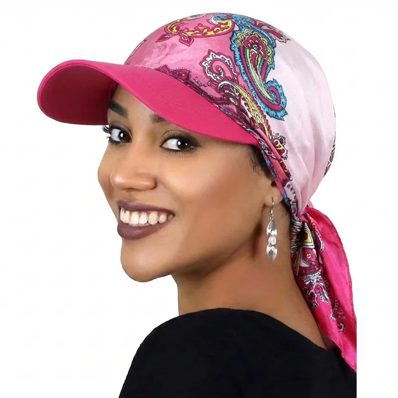 Women Fashion Printed Satin Headscarf Hat with Brim Sun Hats Summer Soft Breathable Headscarf Caps Baseball Cap