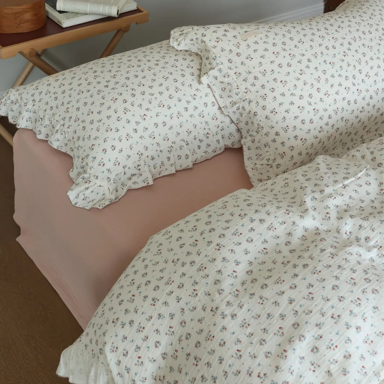 Cozy Princess Ruffle Edge Gauze 100% Cotton Pillow Case Breathable Duvet Cover Without Filler 3PCS Floral Home Bedding Set