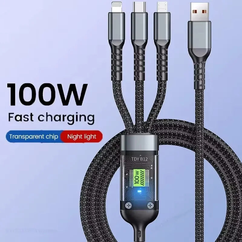Multi Charger 3 in 1 100W Transparent Pilot Lamp Super Fast Charging Cable Universal with Type C Usb Micro for Iphone Samsung Huawei Xiaomi 6A