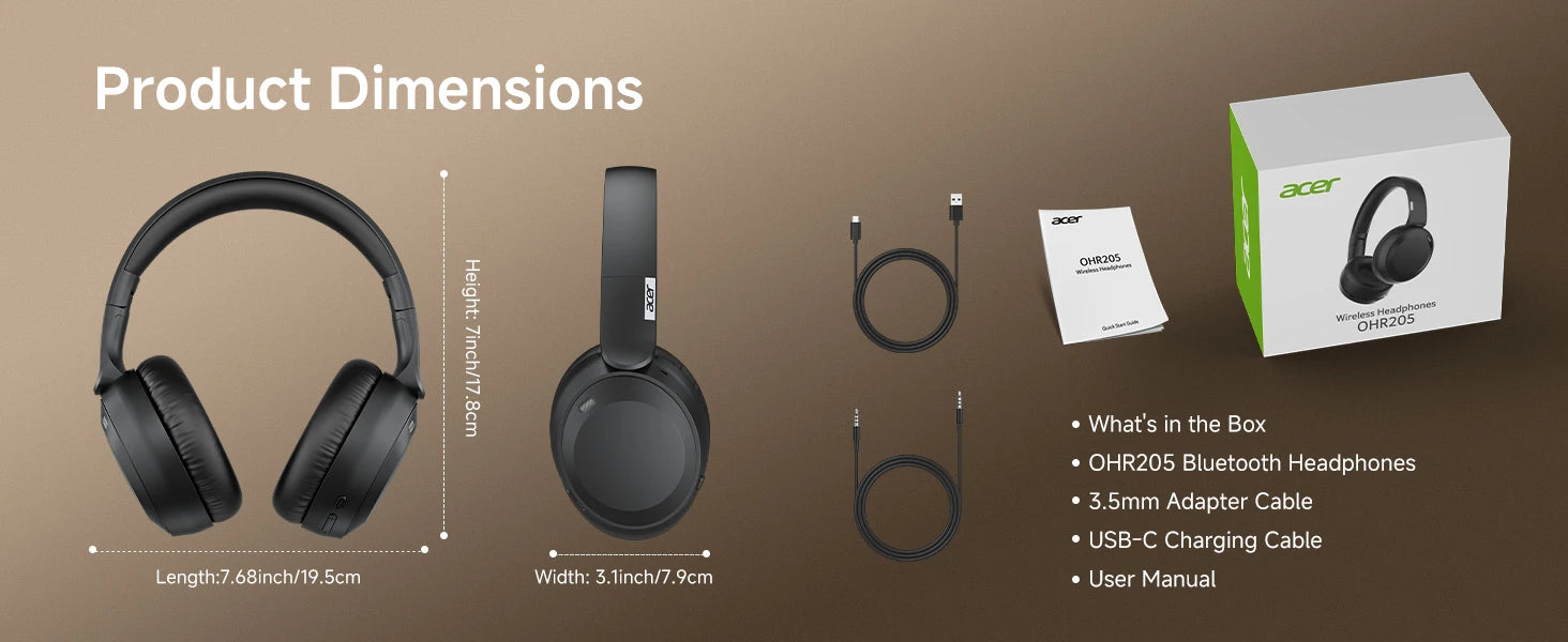 Genuine Acer OHR205 Wireless Bluetooth Headphones Foldable Over-Ear Headphone with 40mm Drivers Multipoint Bluetooth 6.0 for Home,Office