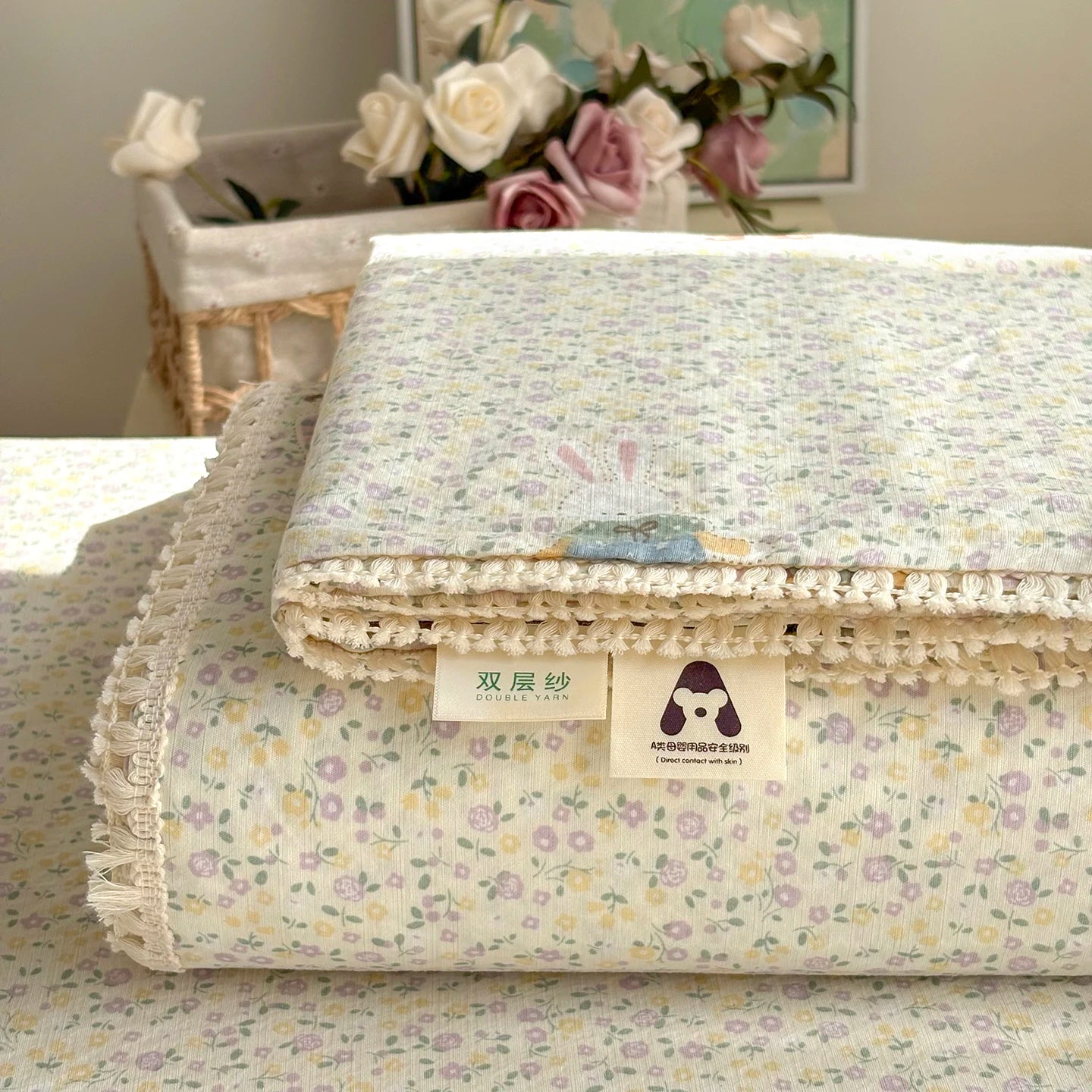 Spring & Summer  Floral Print Double Gauze Bed Sheet with Fringe Lace Trim