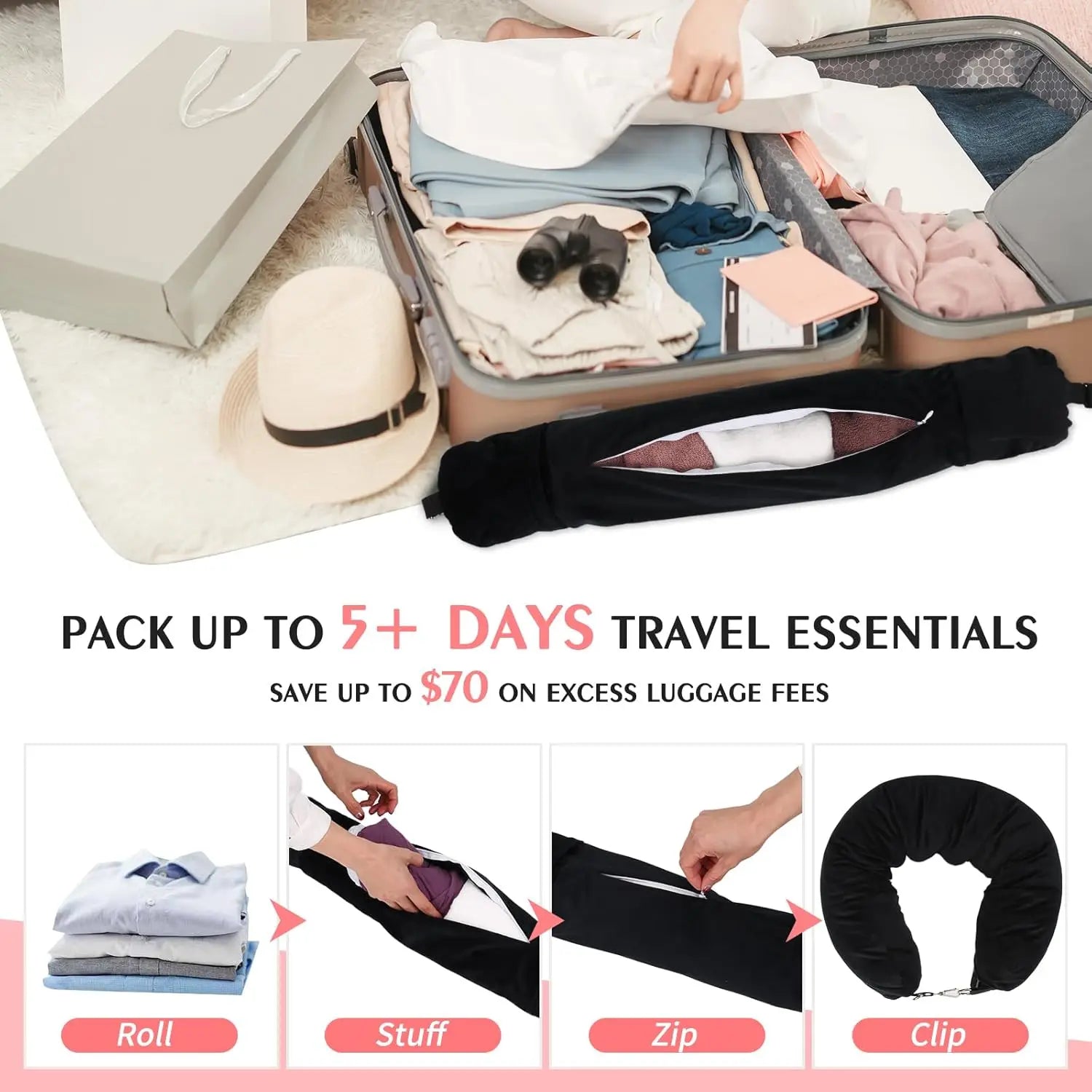 All-in-One Stuffable Travel Pillow with Clothes Storage - No Baggage Fees, Holds 5+ Days Essentials, Adjustable Strap, Black