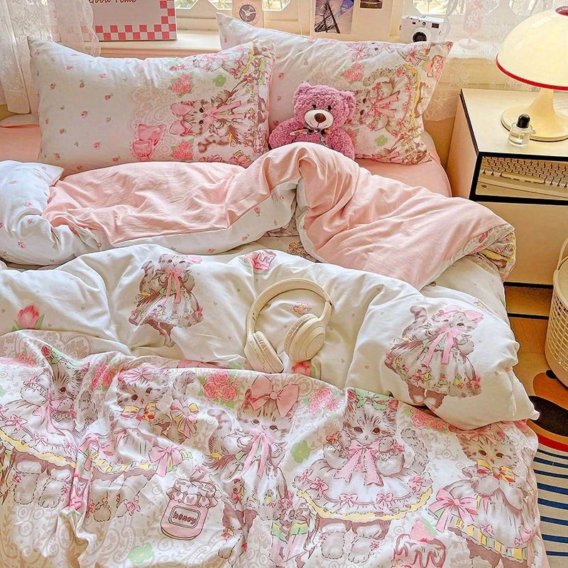 Boys & Girls Cute Rabbit Bedding Set New No Filler Ins Floral Duvet Cover Flat Sheet Pillowcases Twin Queen Size Comforter Cover