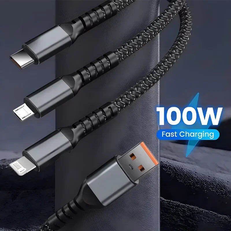 Multi Charger 3 in 1 100W Transparent Pilot Lamp Super Fast Charging Cable Universal with Type C Usb Micro for Iphone Samsung Huawei Xiaomi 6A