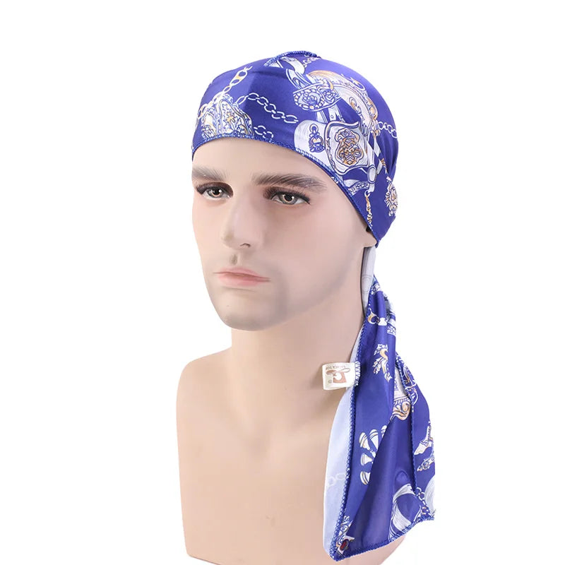 Large  Silk Cashew Style Printed Durag Turban For Women Men Bandanas Headwear Silky Rag Long Tail Pirate Hat Caps Hair Accessories