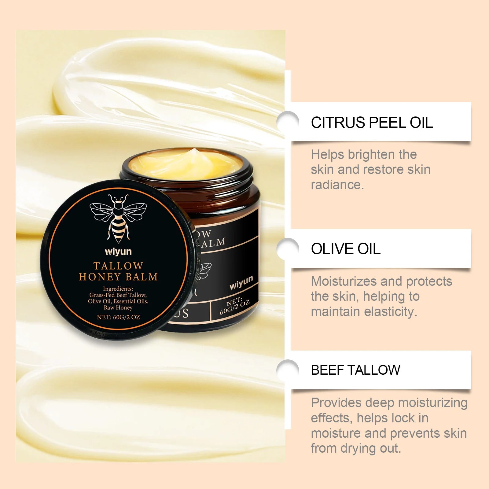 Pure Tallow Honey Balm Glowing Hydrating Skin Enhacne Elasticity Improve Dullness Fade Fine Lines Firming Face Body Moisturize Cream