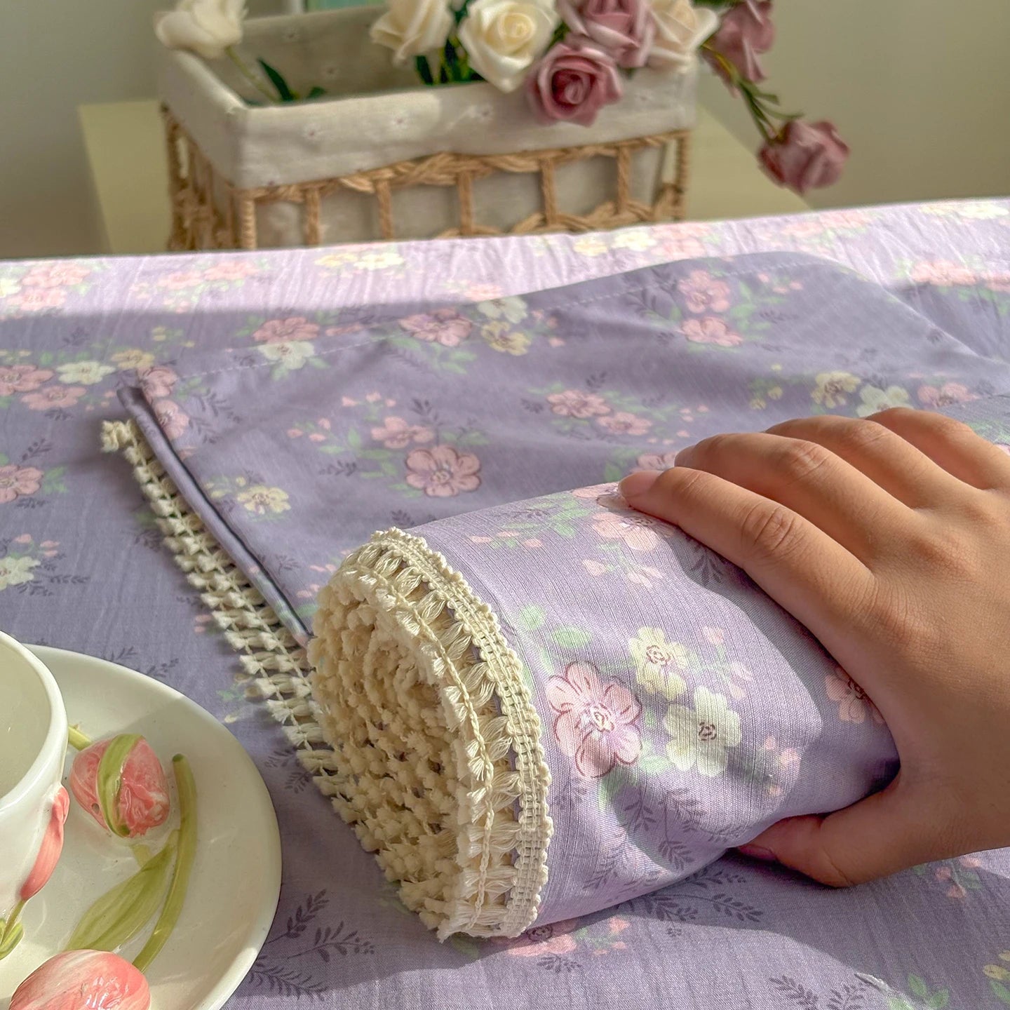 Spring & Summer  Floral Print Double Gauze Bed Sheet with Fringe Lace Trim