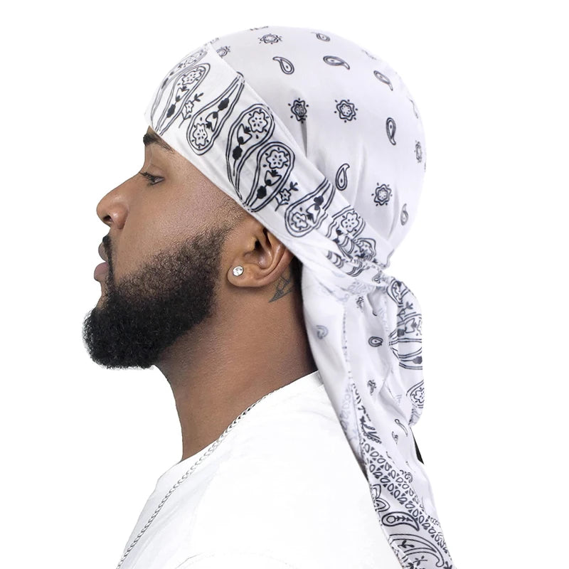 Premium Men Satin Paisley Printed Durag Turban Bandanas Headwear Silky DuRag Doo Rag Long Tail Pirate Hat Wave Caps Hair Accessories