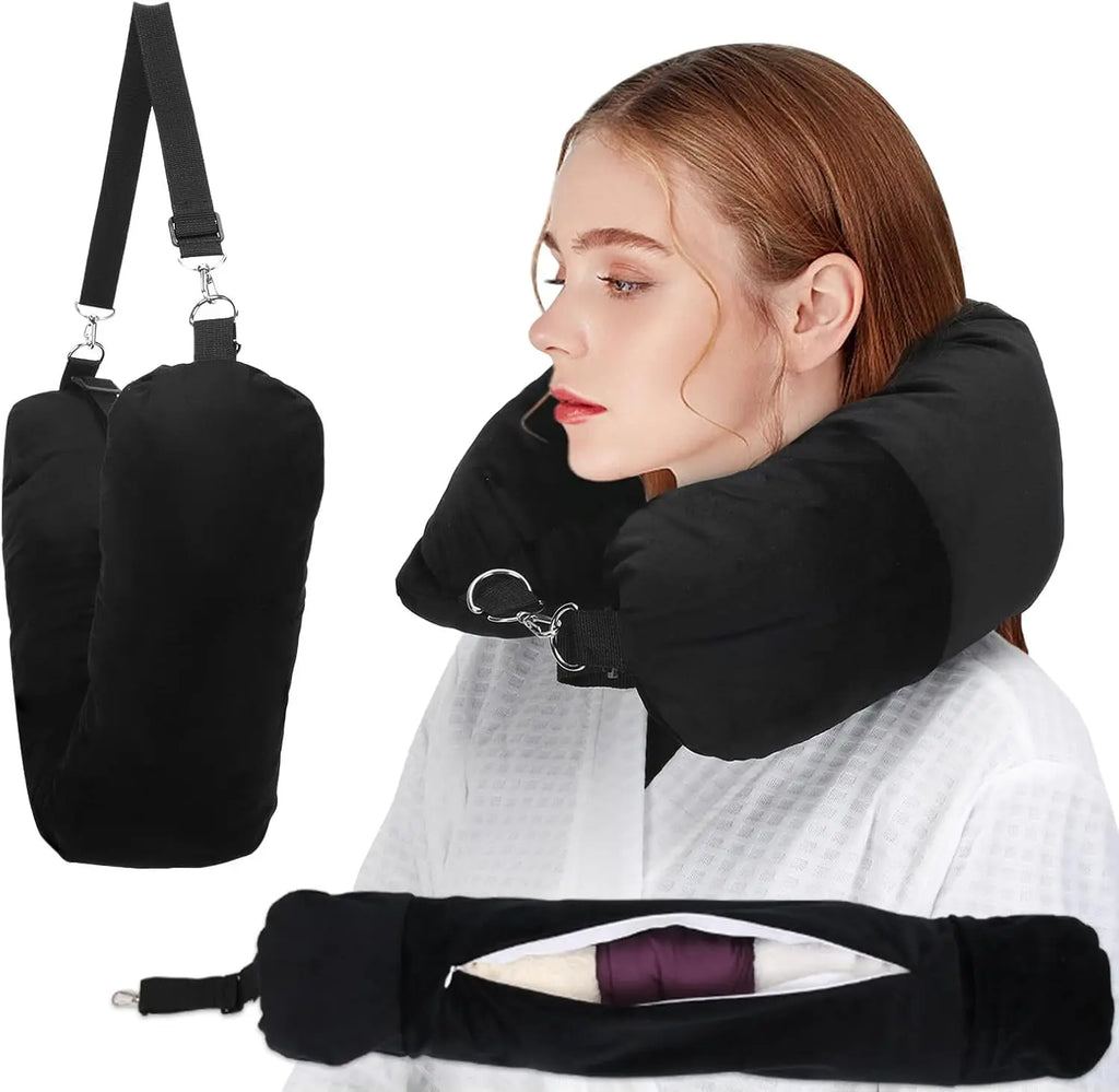 All-in-One Stuffable Travel Pillow with Clothes Storage - No Baggage Fees, Holds 5+ Days Essentials, Adjustable Strap, Black