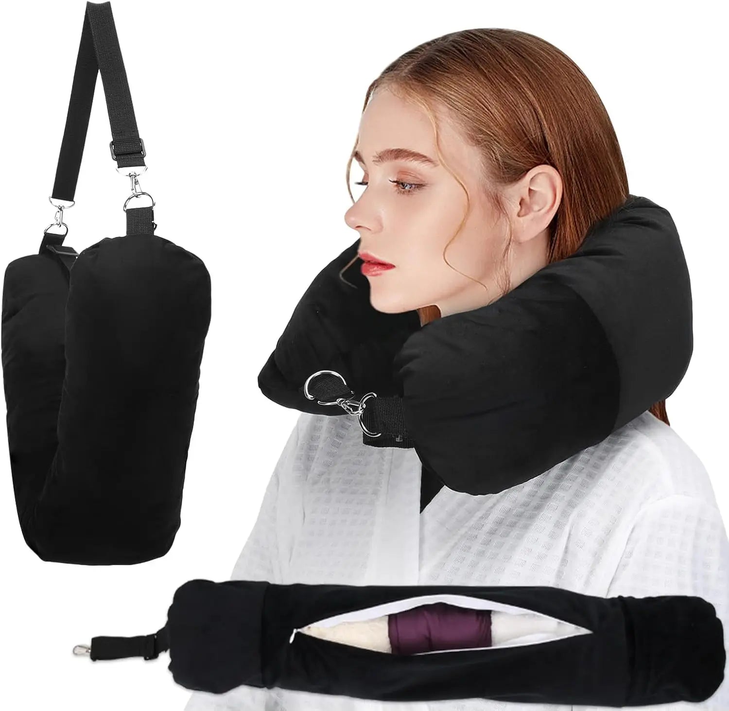 All-in-One Stuffable Travel Pillow with Clothes Storage - No Baggage Fees, Holds 5+ Days Essentials, Adjustable Strap, Black