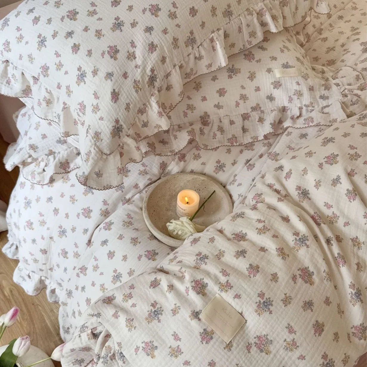 Cozy Princess Ruffle Edge Gauze 100% Cotton Pillow Case Breathable Duvet Cover Without Filler 3PCS Floral Home Bedding Set