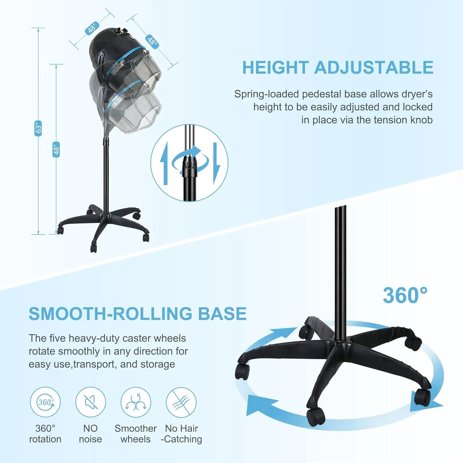 Beauty Salon Professional Adjustable Hooded Hair Dryer with Timer and Wheels for Salon and Home Use