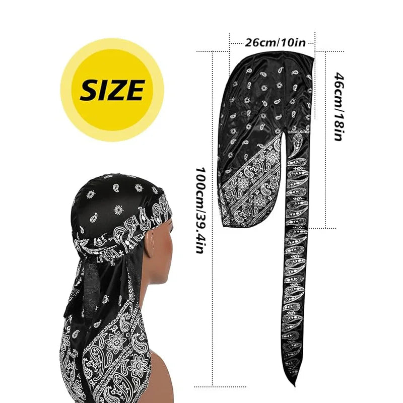 Premium Men Satin Paisley Printed Durag Turban Bandanas Headwear Silky DuRag Doo Rag Long Tail Pirate Hat Wave Caps Hair Accessories