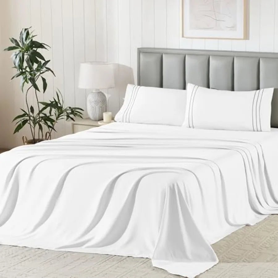 Set with Embroidered Pillowcases Ultra-Soft Size 4 Pcs Sheet Microfiber Comfy Breathable and Cooling Bed Sheets Deep Pocket Fit
