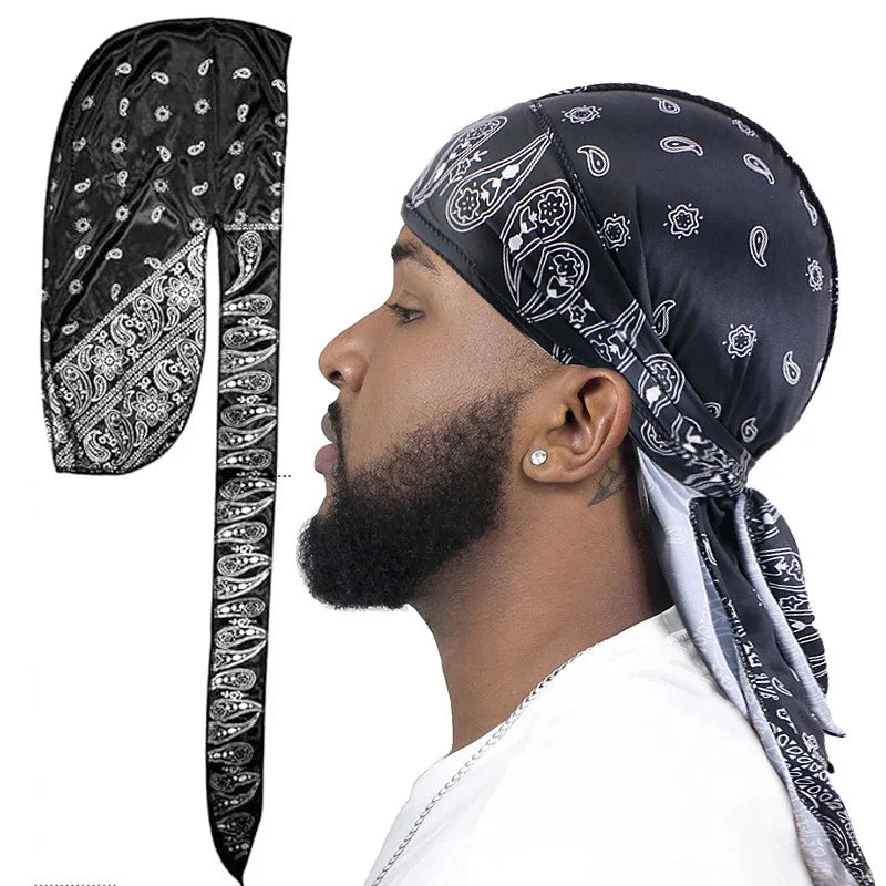 Premium Men Satin Paisley Printed Durag Turban Bandanas Headwear Silky DuRag Doo Rag Long Tail Pirate Hat Wave Caps Hair Accessories