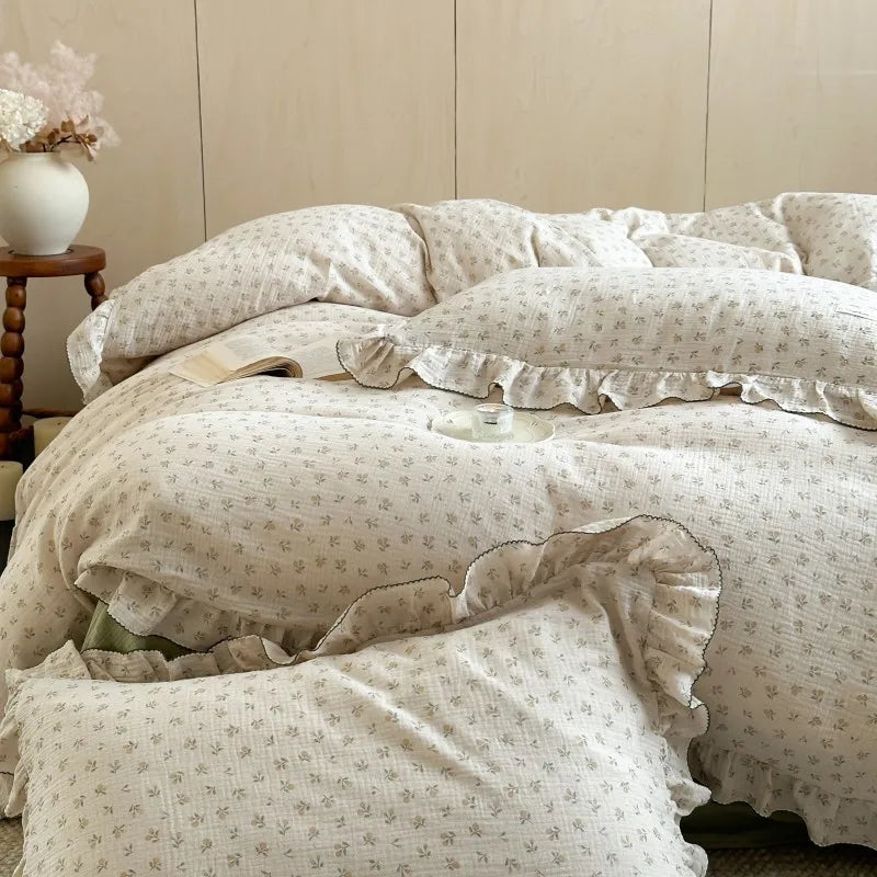 Cozy Princess Ruffle Edge Gauze 100% Cotton Pillow Case Breathable Duvet Cover Without Filler 3PCS Floral Home Bedding Set