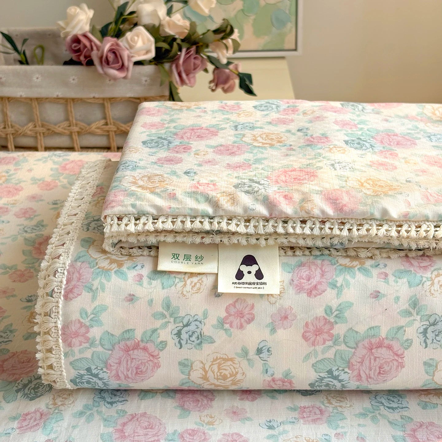 Spring & Summer  Floral Print Double Gauze Bed Sheet with Fringe Lace Trim