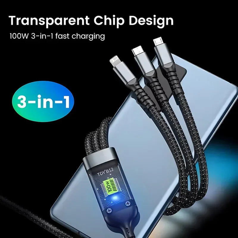 Multi Charger 3 in 1 100W Transparent Pilot Lamp Super Fast Charging Cable Universal with Type C Usb Micro for Iphone Samsung Huawei Xiaomi 6A