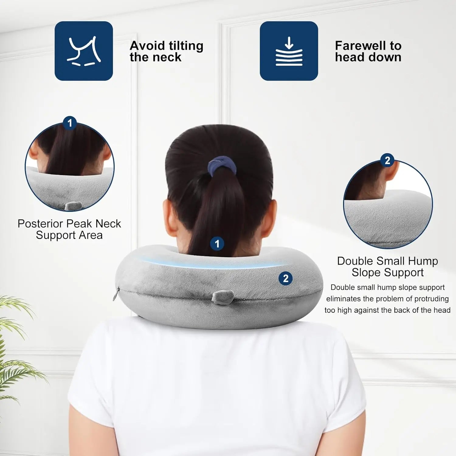 U Shape 100% Pure Memory Foam Travel Pillow with Ergonomic Raised Lobe Design for Neck Support, Portable for Plane, Train, Car, Grey