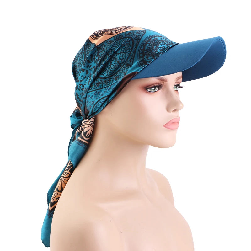 Women Fashion Printed Satin Headscarf Hat with Brim Sun Hats Summer Soft Breathable Headscarf Caps Baseball Cap