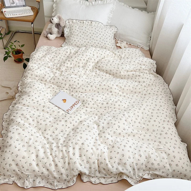 Cozy Princess Ruffle Edge Gauze 100% Cotton Pillow Case Breathable Duvet Cover Without Filler 3PCS Floral Home Bedding Set
