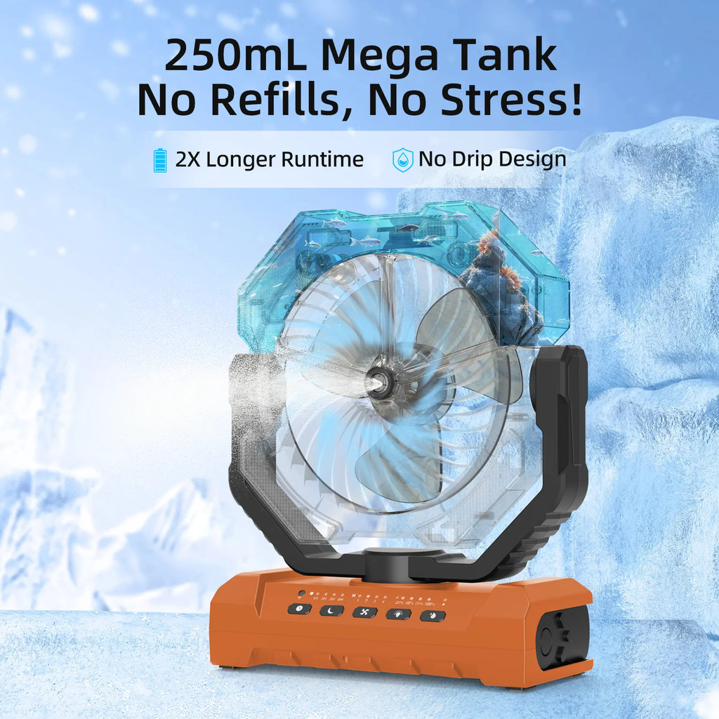 Super 20000mAh Operated Mist Cooling Fan Portable Rechargeable Desk/Camping Fan with LED Light and Hook Outdoor Fan for Tent Car Trip
