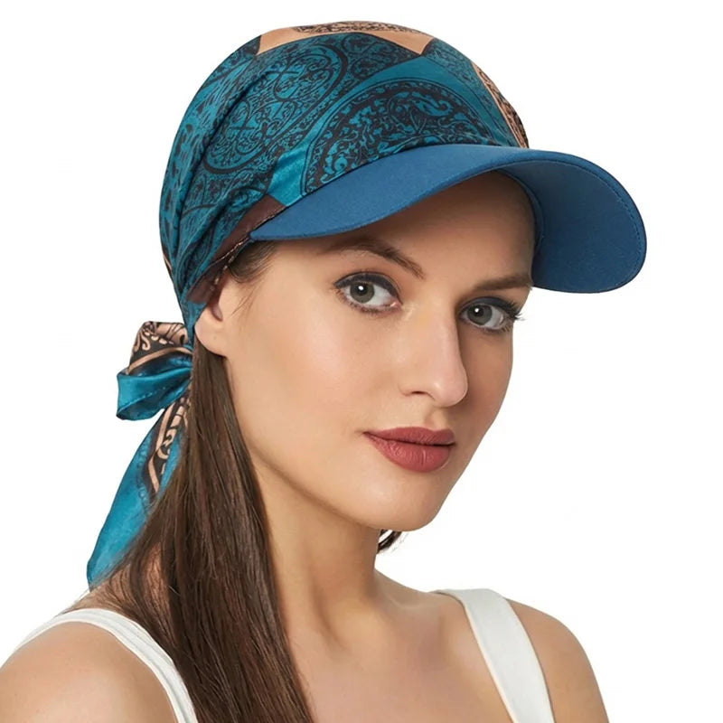 Women Fashion Printed Satin Headscarf Hat with Brim Sun Hats Summer Soft Breathable Headscarf Caps Baseball Cap
