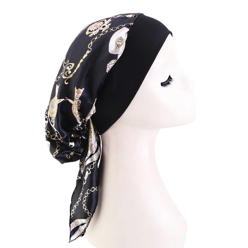 Premium Women Pre-Tied Satin Turban Muslim Inner Hijabs Cancer Chemo Caps Headscarf Hair Loss Headwrap Bandana Elastic Hair Accessories
