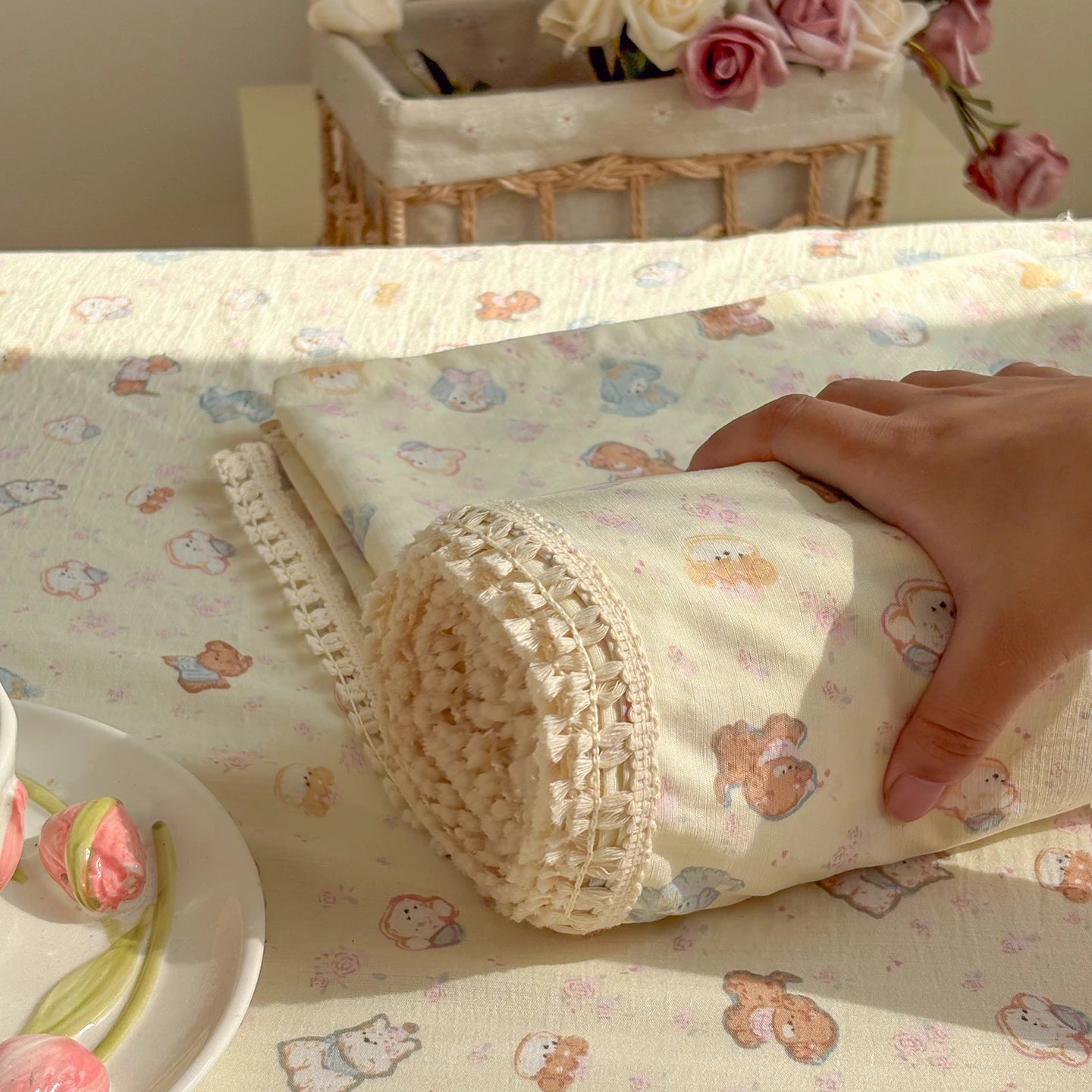 Spring & Summer  Floral Print Double Gauze Bed Sheet with Fringe Lace Trim