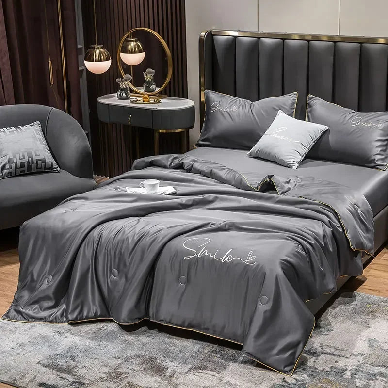 Cool Set 100% Washed Silk Summer Quilt Embroidery Smooth Ice Cooling Comforter for Bed Silky Solid Blanket Soft Cool Summer Blanket