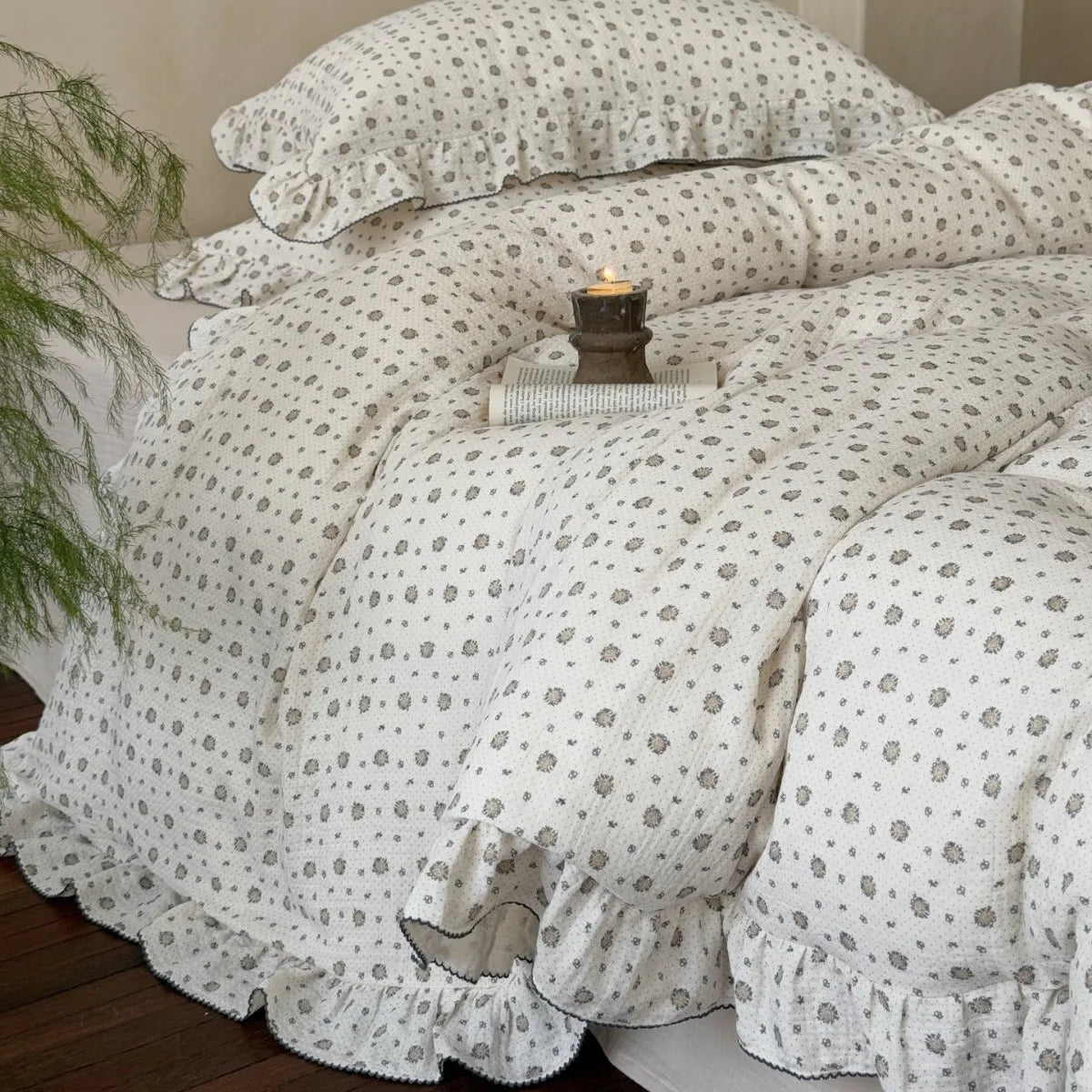 Cozy Princess Ruffle Edge Gauze 100% Cotton Pillow Case Breathable Duvet Cover Without Filler 3PCS Floral Home Bedding Set