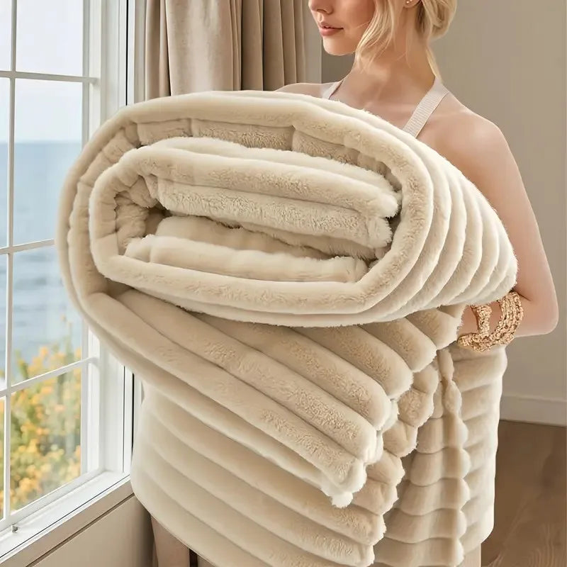 Striped Flannel Fleece Blanket Ultra-Soft, Light weight  Fur Rabbit Blanket 3Lbs , BEST PRICE IN US
