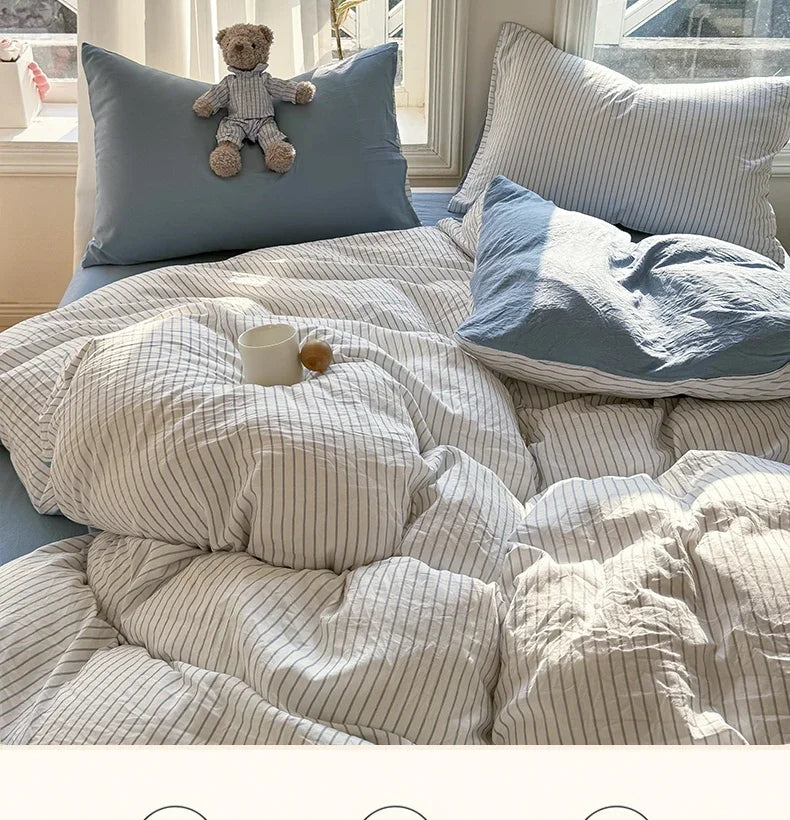 100% Pure Cotton Home Textile Striped Bedding Set Simple Soft Duvet Cover Sheet Pillowcase Ins Style Bed Linens Queen King Size 2025
