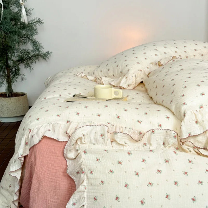 Cozy Princess Ruffle Edge Gauze 100% Cotton Pillow Case Breathable Duvet Cover Without Filler 3PCS Floral Home Bedding Set