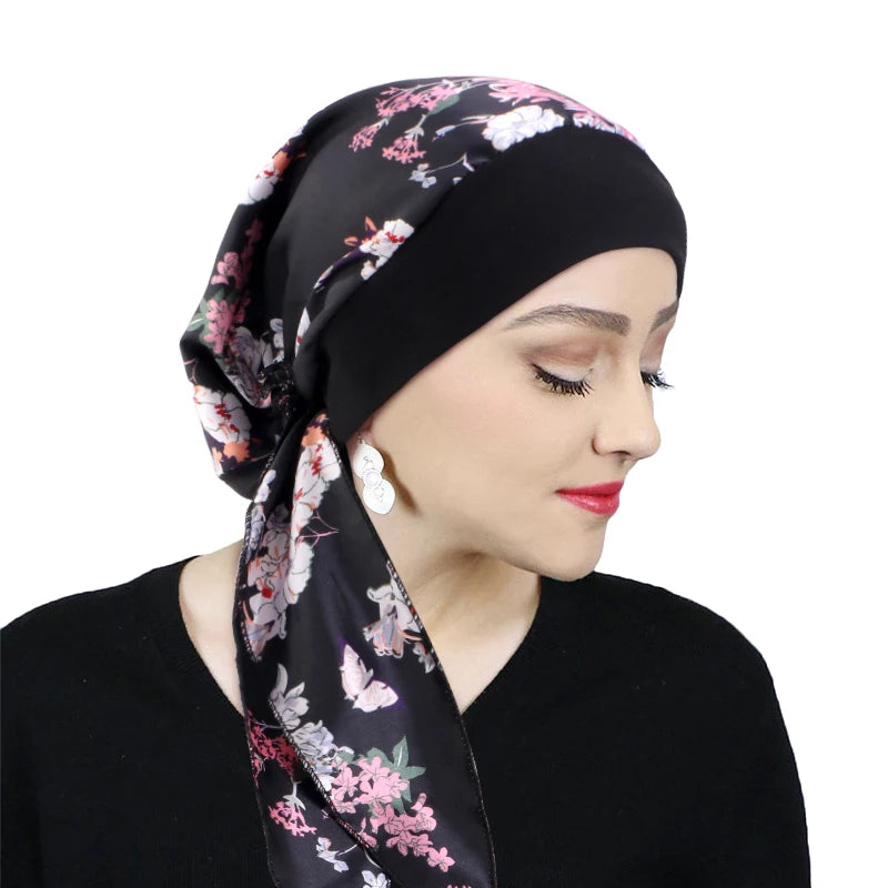Premium Women Pre-Tied Satin Turban Muslim Inner Hijabs Cancer Chemo Caps Headscarf Hair Loss Headwrap Bandana Elastic Hair Accessories