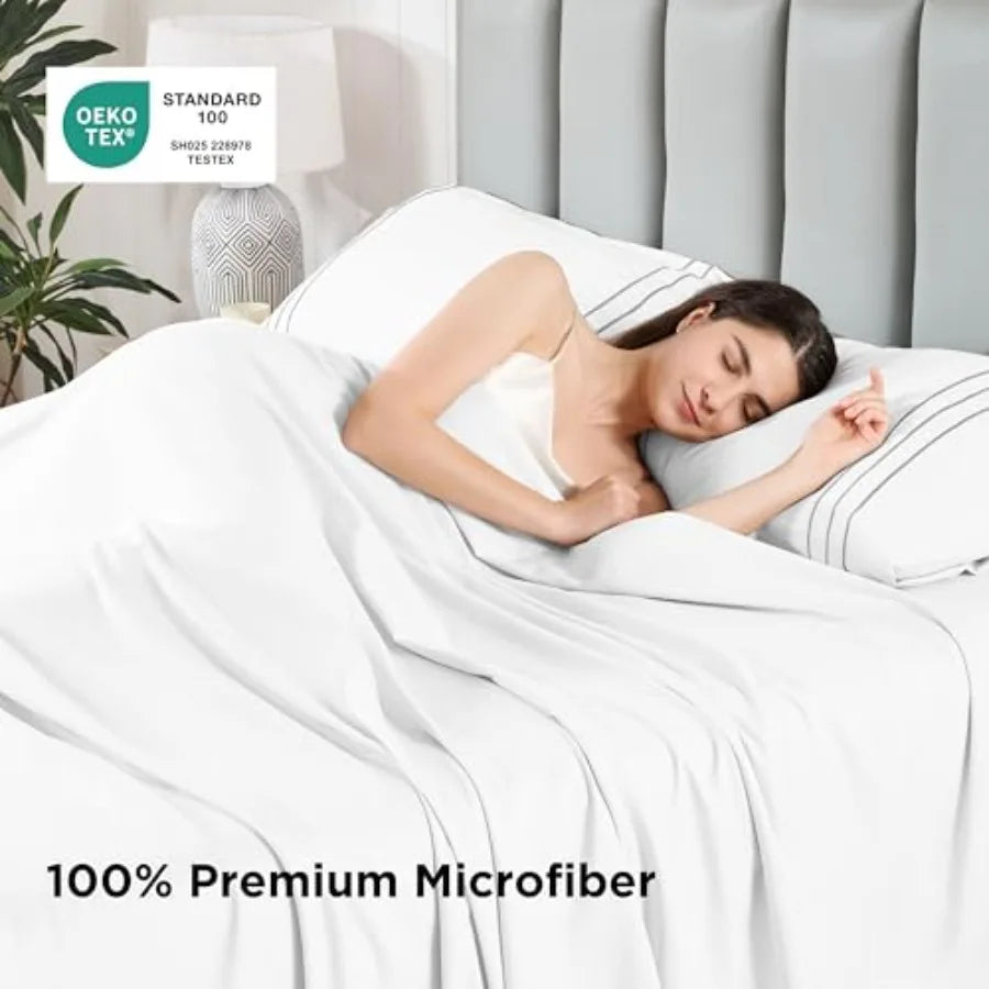 Set with Embroidered Pillowcases Ultra-Soft Size 4 Pcs Sheet Microfiber Comfy Breathable and Cooling Bed Sheets Deep Pocket Fit