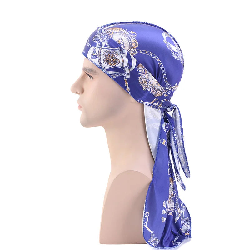 Large  Silk Cashew Style Printed Durag Turban For Women Men Bandanas Headwear Silky Rag Long Tail Pirate Hat Caps Hair Accessories