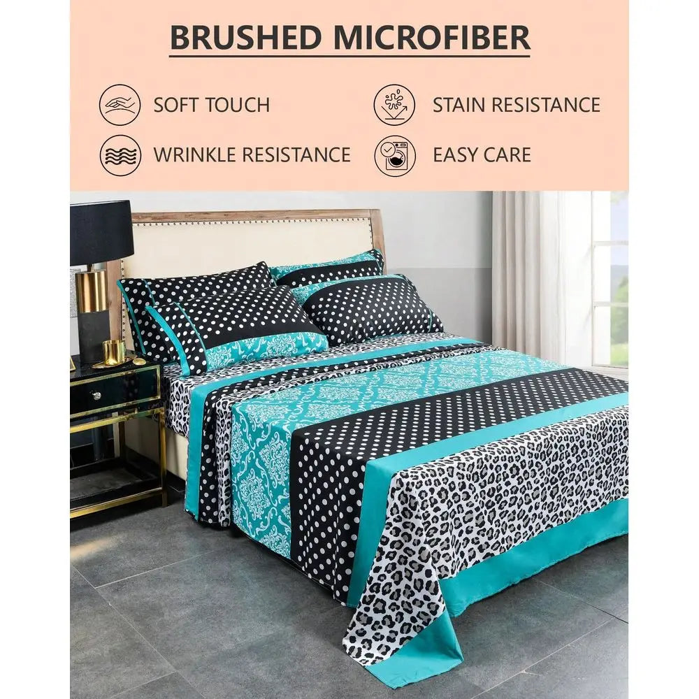 Combo 6 Pieces Patchwork Printed Sheet Set Brushed Microfiber 14 Inches Deep Pocket Soft Fun Patterned Bedding Sheets Pillowcases Set