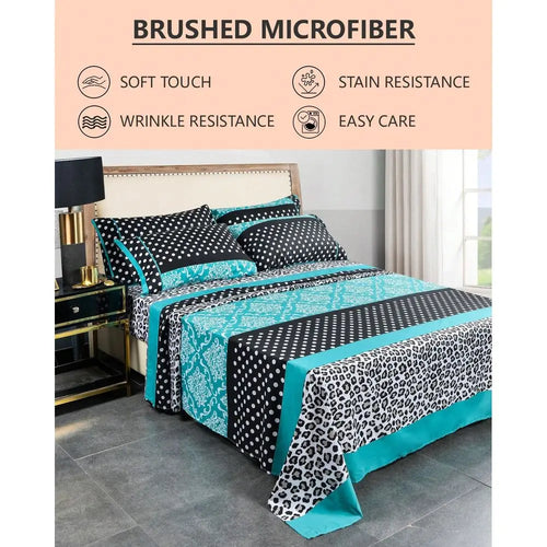 Combo 6 Pieces Patchwork Printed Sheet Set Brushed Microfiber 14 Inches Deep Pocket Soft Fun Patterned Bedding Sheets Pillowcases Set