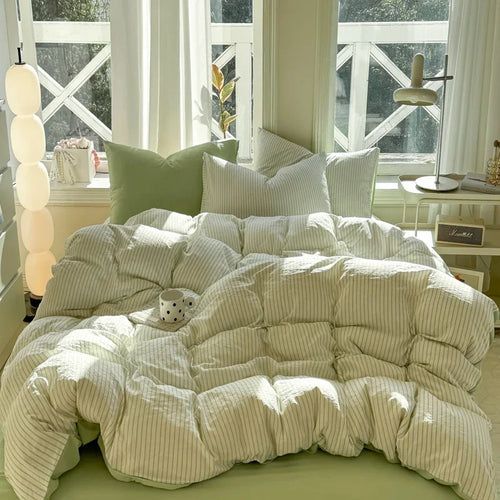 100% Pure Cotton Home Textile Striped Bedding Set Simple Soft Duvet Cover Sheet Pillowcase Ins Style Bed Linens Queen King Size 2025