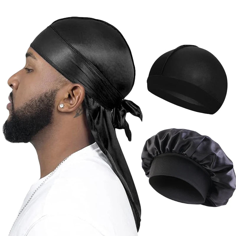 Combo 3PCS/LOT Men Silky Durag Long Tail Pirate Hat Headband Turban Dome Wave Cap Unisex Wig Cap Elastic Band Satin Bonnet