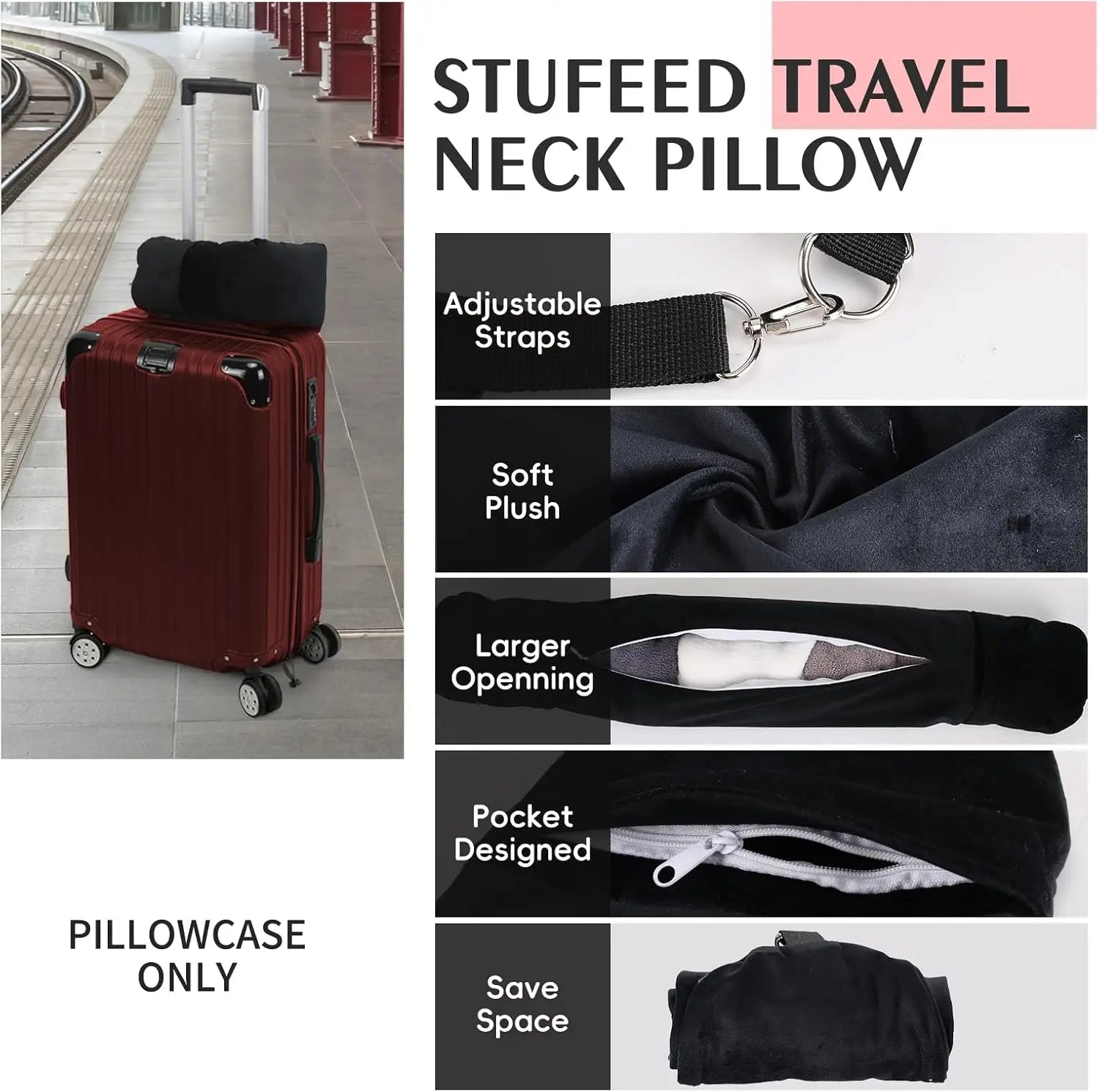 All-in-One Stuffable Travel Pillow with Clothes Storage - No Baggage Fees, Holds 5+ Days Essentials, Adjustable Strap, Black
