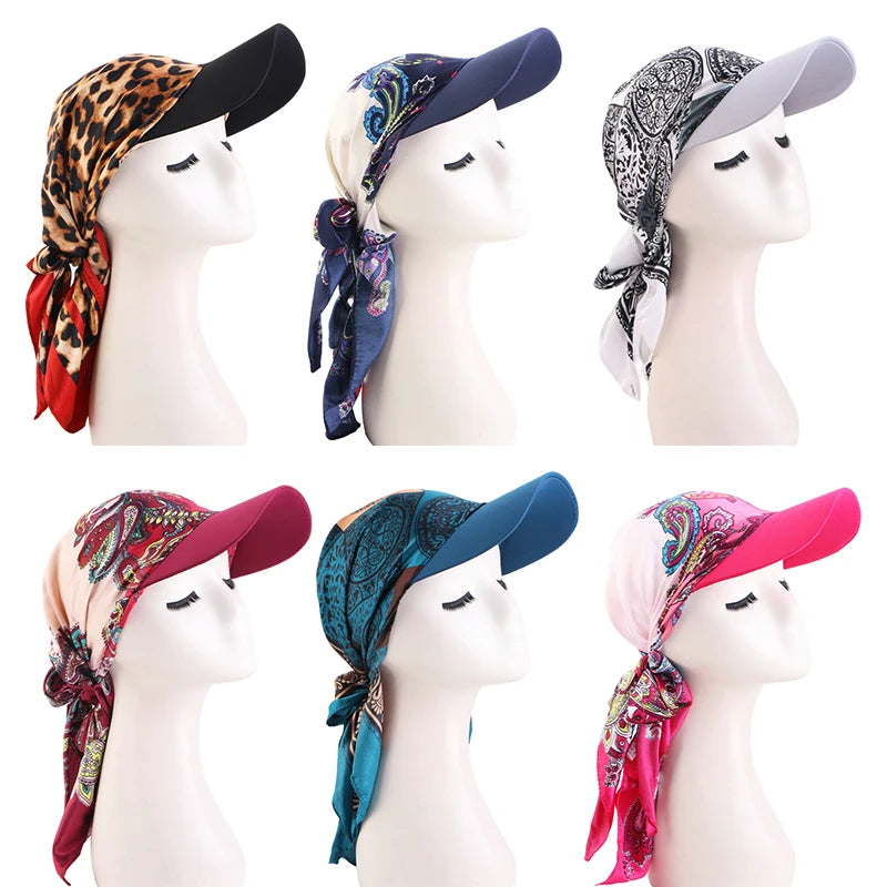 Women Fashion Printed Satin Headscarf Hat with Brim Sun Hats Summer Soft Breathable Headscarf Caps Baseball Cap