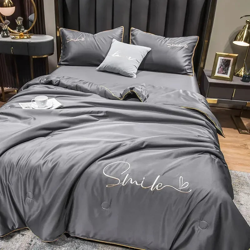 Cool Set 100% Washed Silk Summer Quilt Embroidery Smooth Ice Cooling Comforter for Bed Silky Solid Blanket Soft Cool Summer Blanket