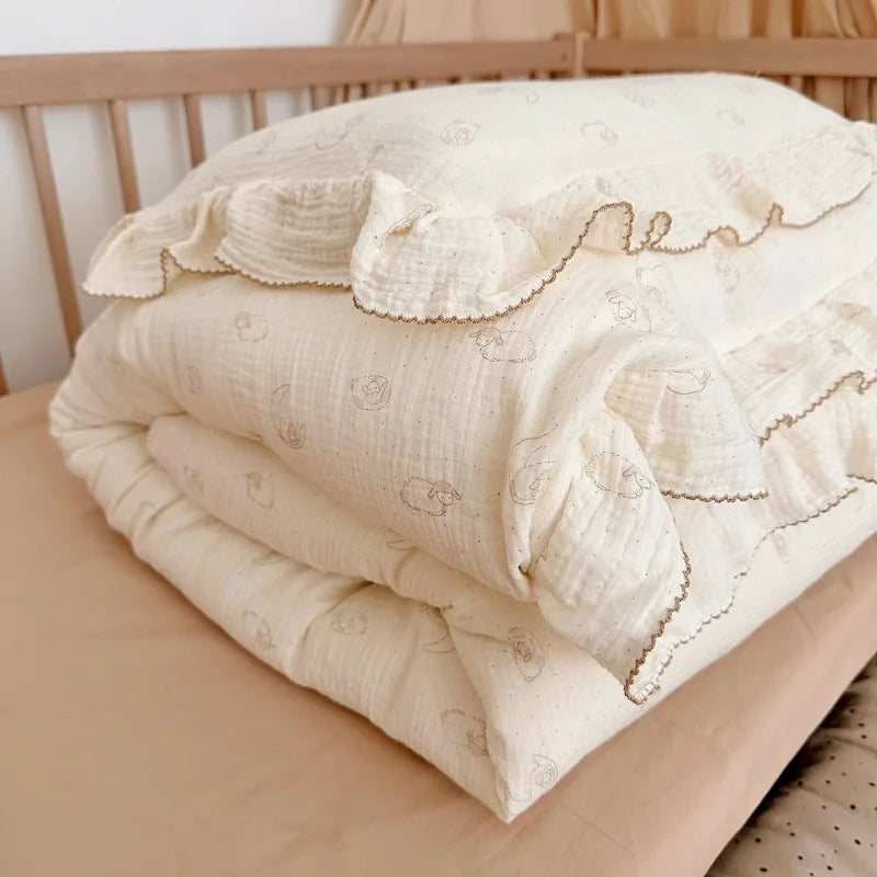 Cozy Princess Ruffle Edge Gauze 100% Cotton Pillow Case Breathable Duvet Cover Without Filler 3PCS Floral Home Bedding Set