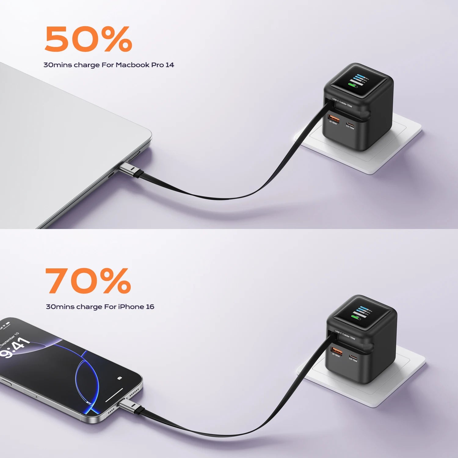 Fast Charging 70W GaN Charger With Retractable Type C Cable 45W PD QC PPS Travel Charger for iPhone 16 Laptop Macbook Tablet Samsung
